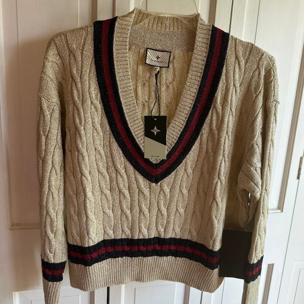NWT $198 Tuckernuck Gold Metallic Sweater With Navy & Red Stripes Size S & MED